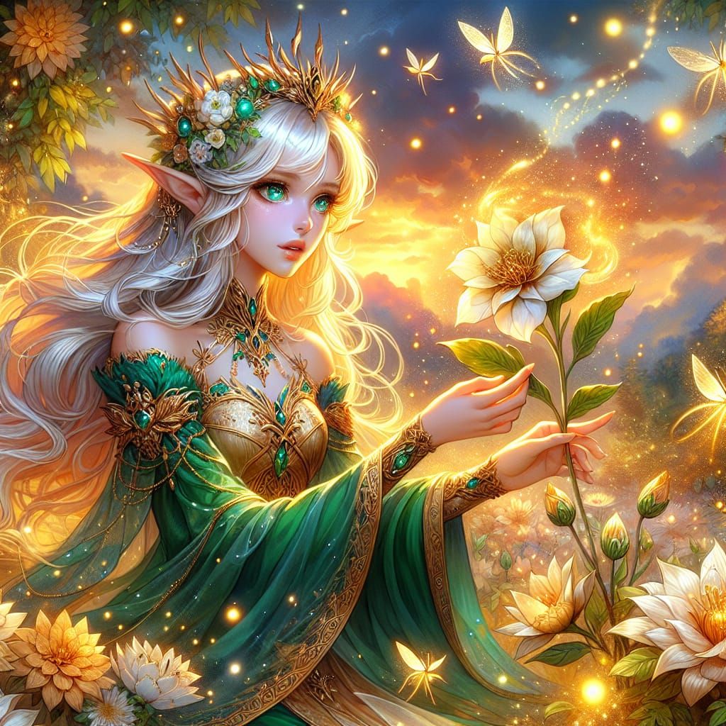 Magical Elf Enchants Flower at Sunset: Alcohol Ink