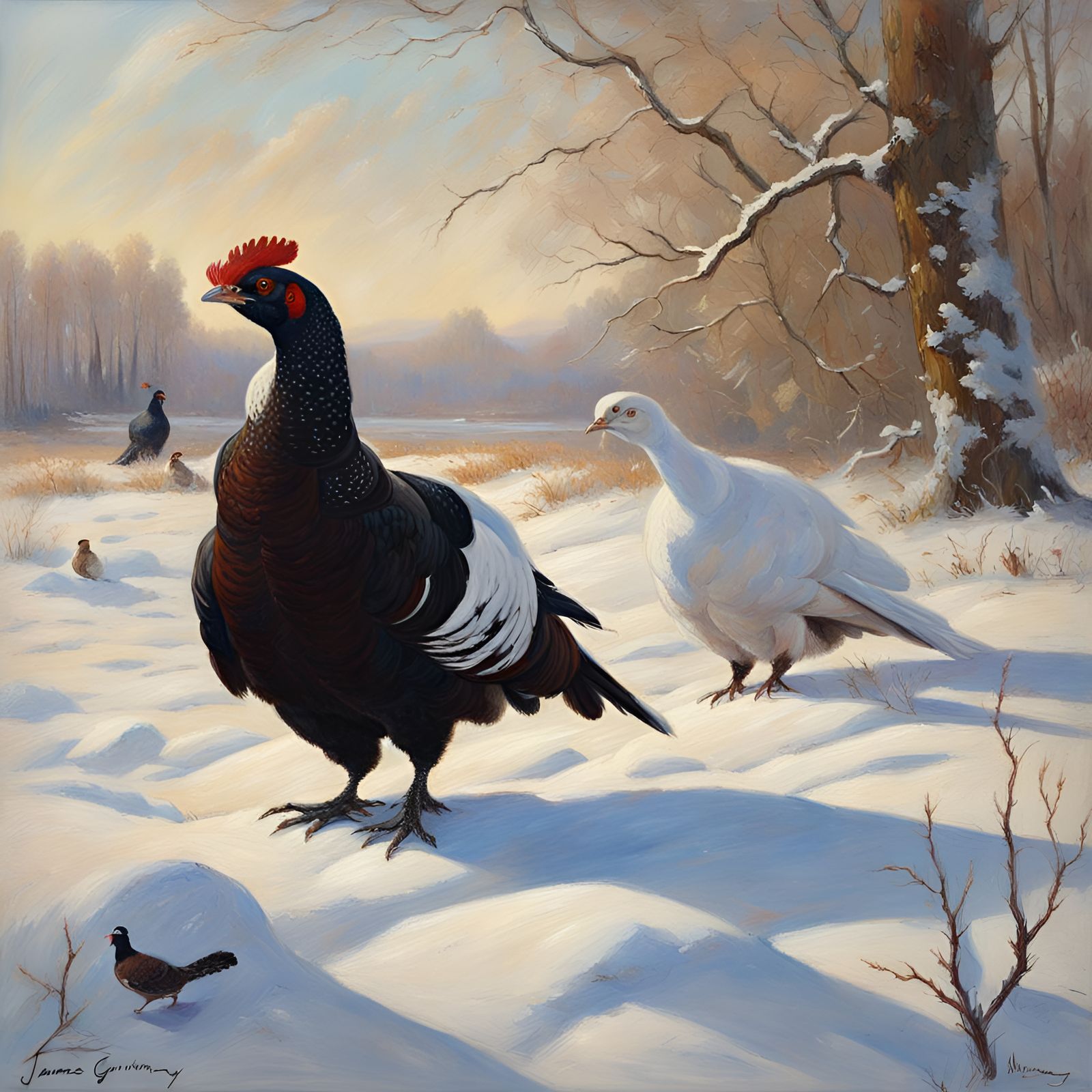 Grouse and Snowman Oil Painting