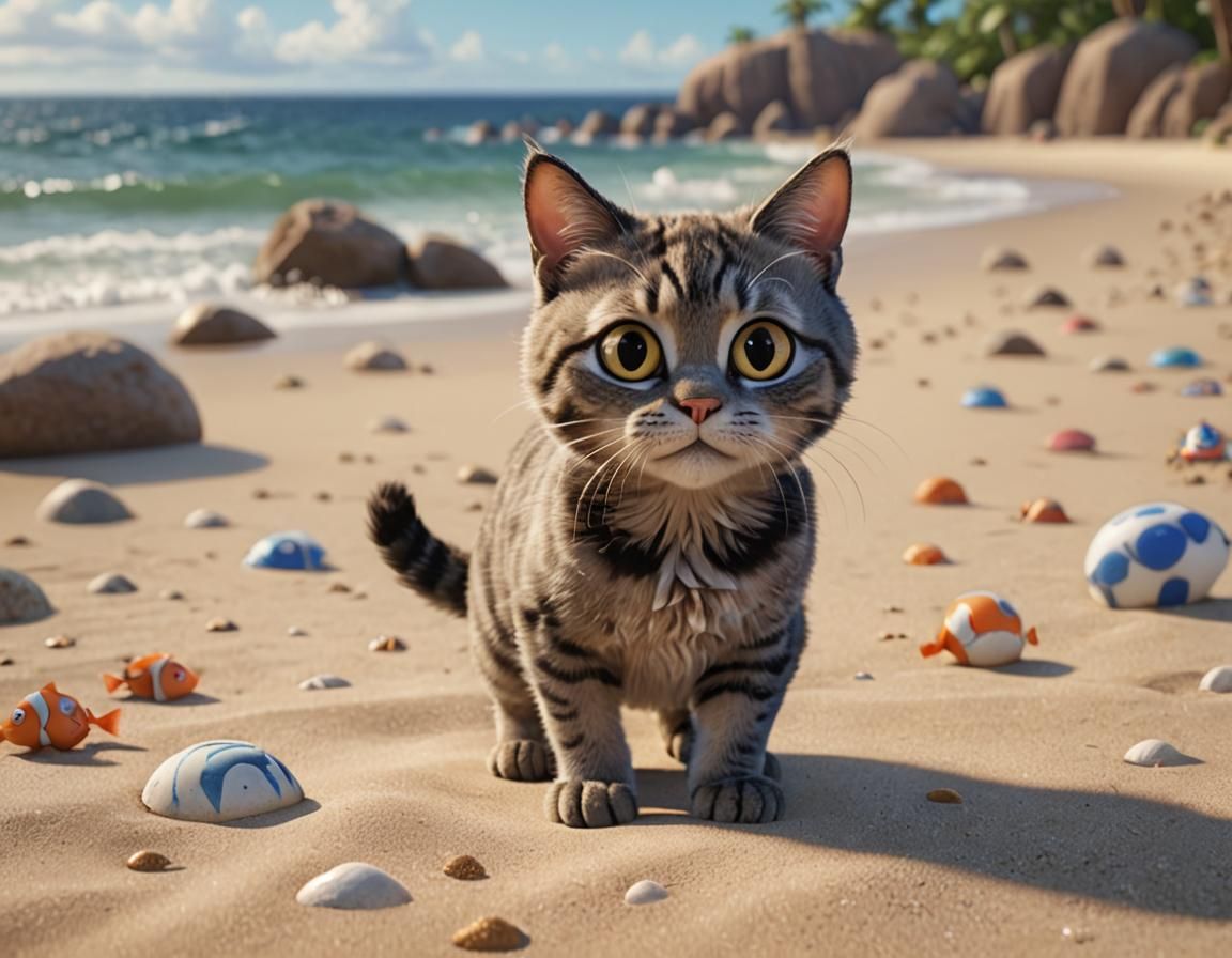 Cat on Beach: Pixar-Style 3D Render
