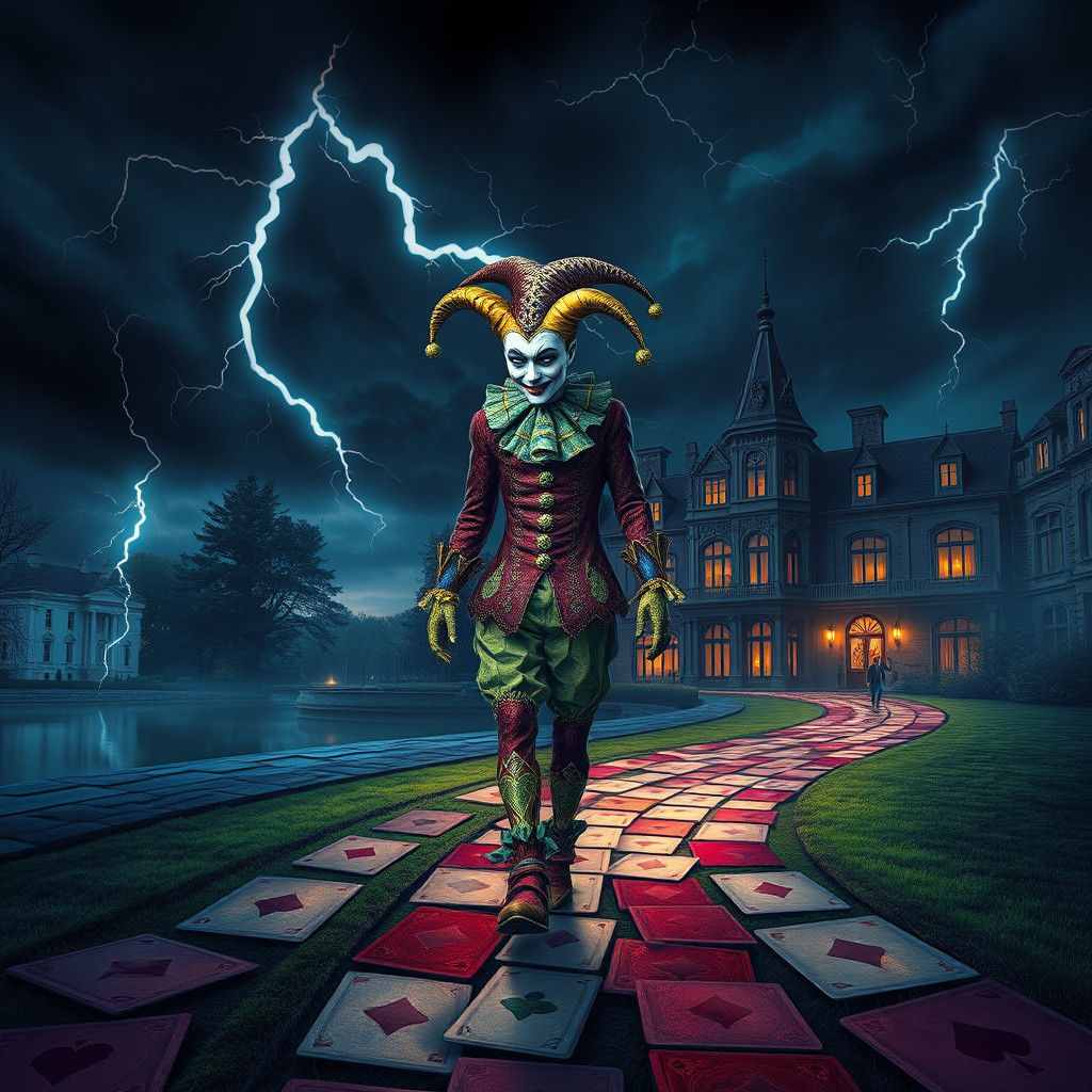 Harlequin Joker Leaving Mansion in Stormy Weather