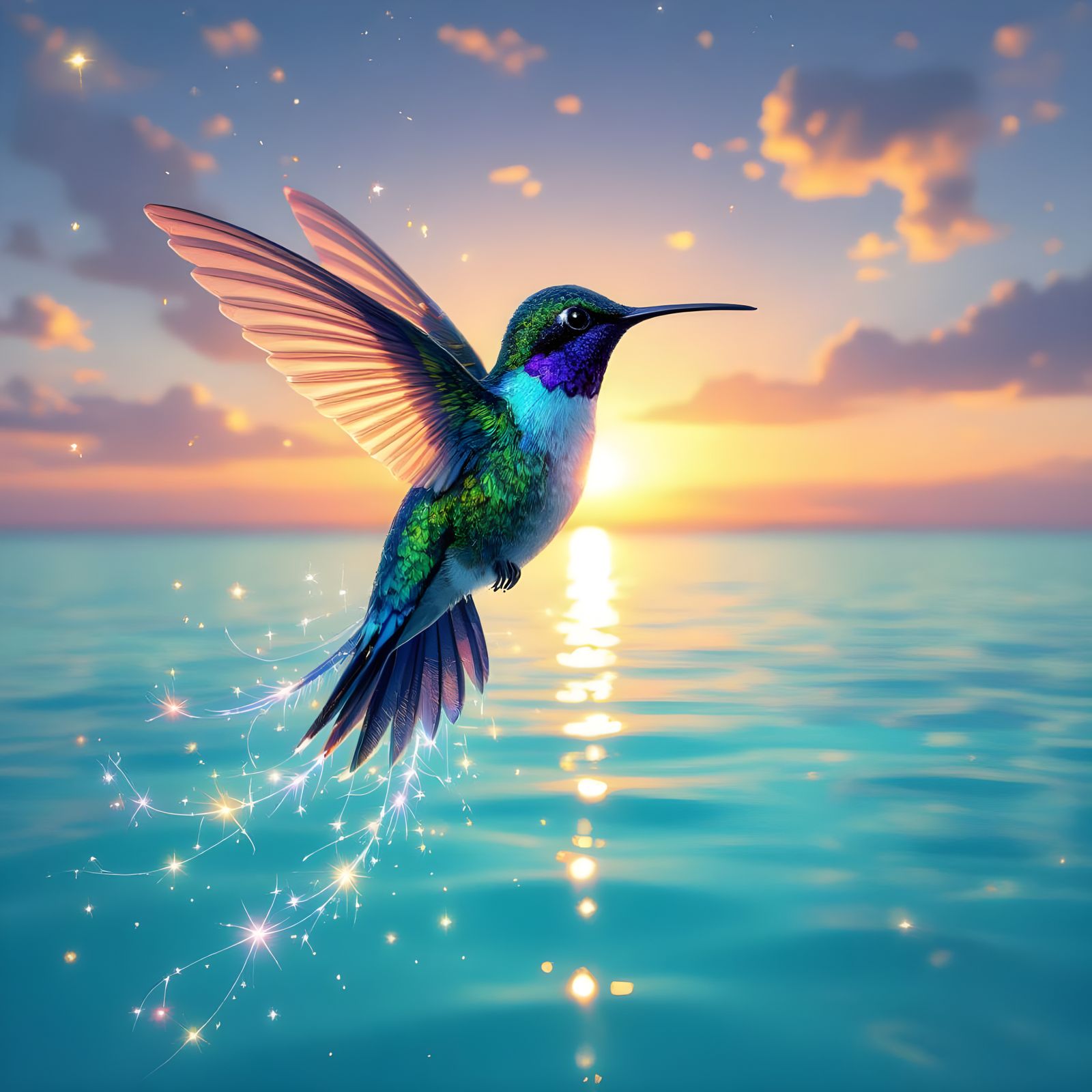 Bioluminescent Hummingbirds in Cosmic Sundown