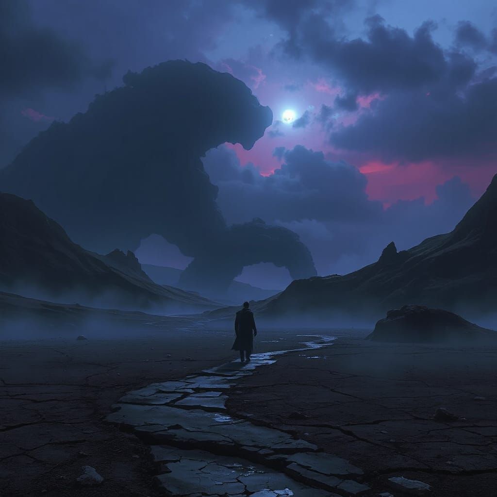 Lone Figure in Misty Desolate Valley