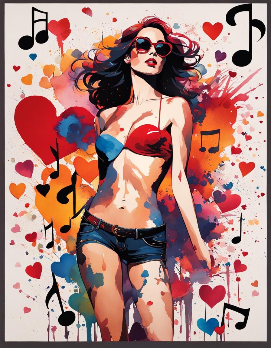 Pop Art Rock Woman with Music Notes