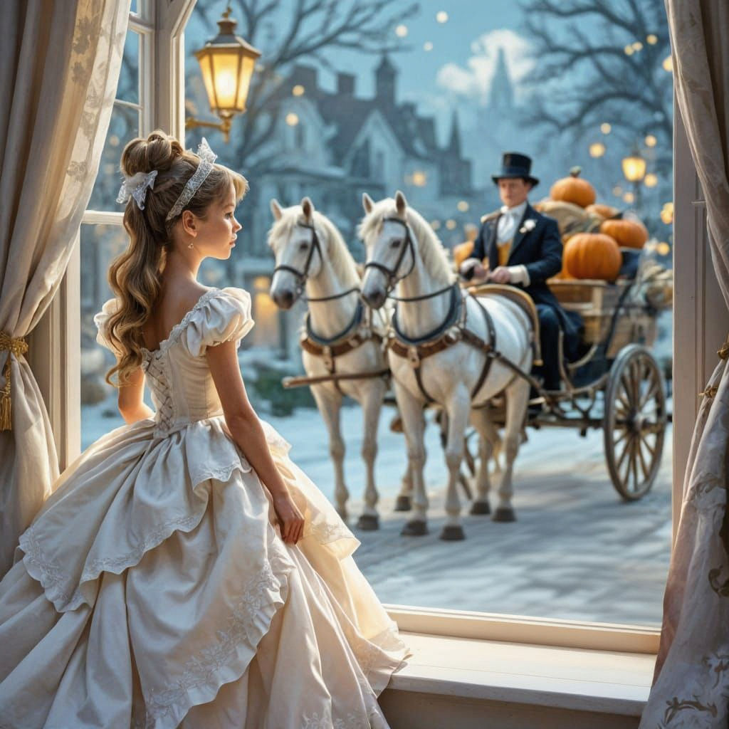 Girl in Cinderella Dress Looks Out Window