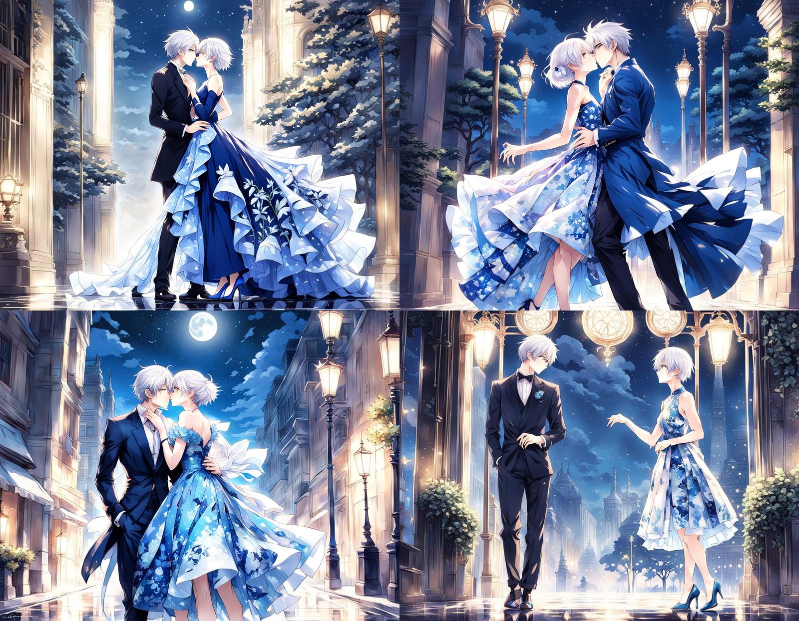 Anime Style: Woman Kissing Man in Moonlight