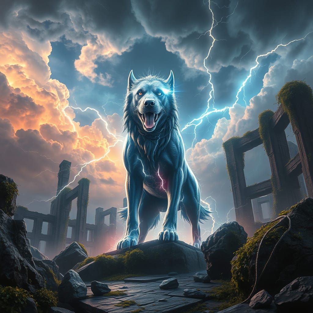 Ethereal Canine Figure Amidst Ruins and Turbulent Skies