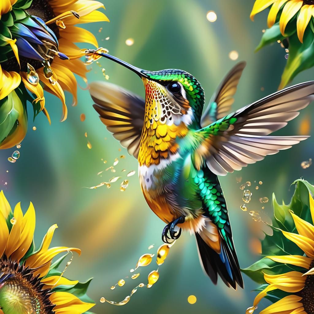 Hummingbird and Sunflower in Hyper-Realistic Digital Art