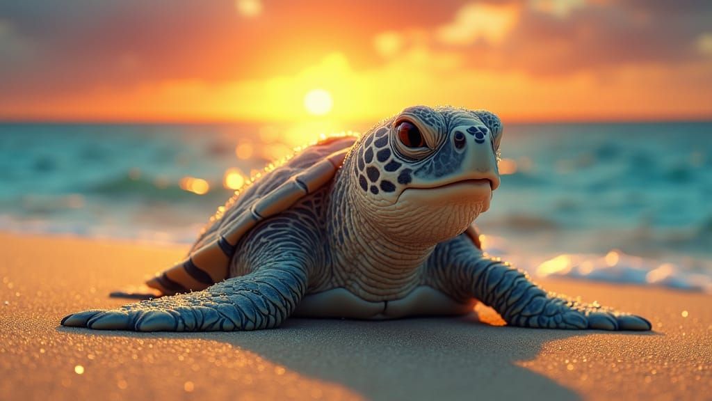 Joyful Sea Turtle at Sunset, Surreal Digital Art