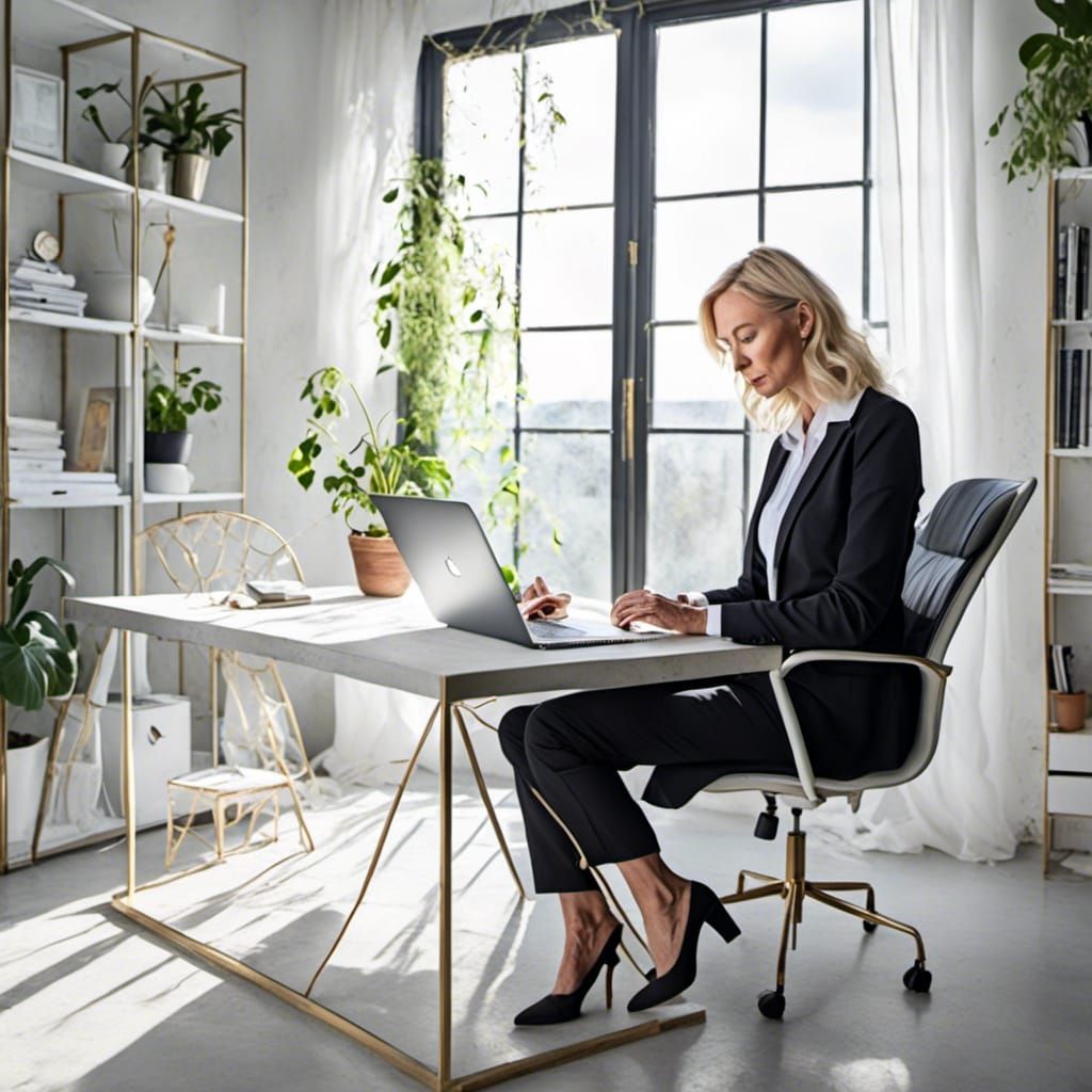 Transwoman Working on Laptop in Modern Office, Inkwell Style