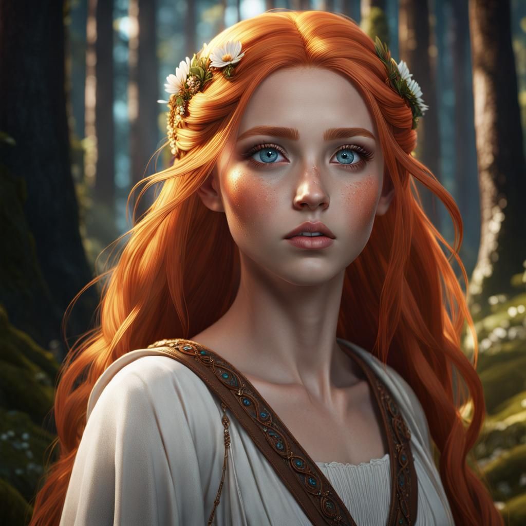 Freckled Girl with Orange Hair Fantasy Art