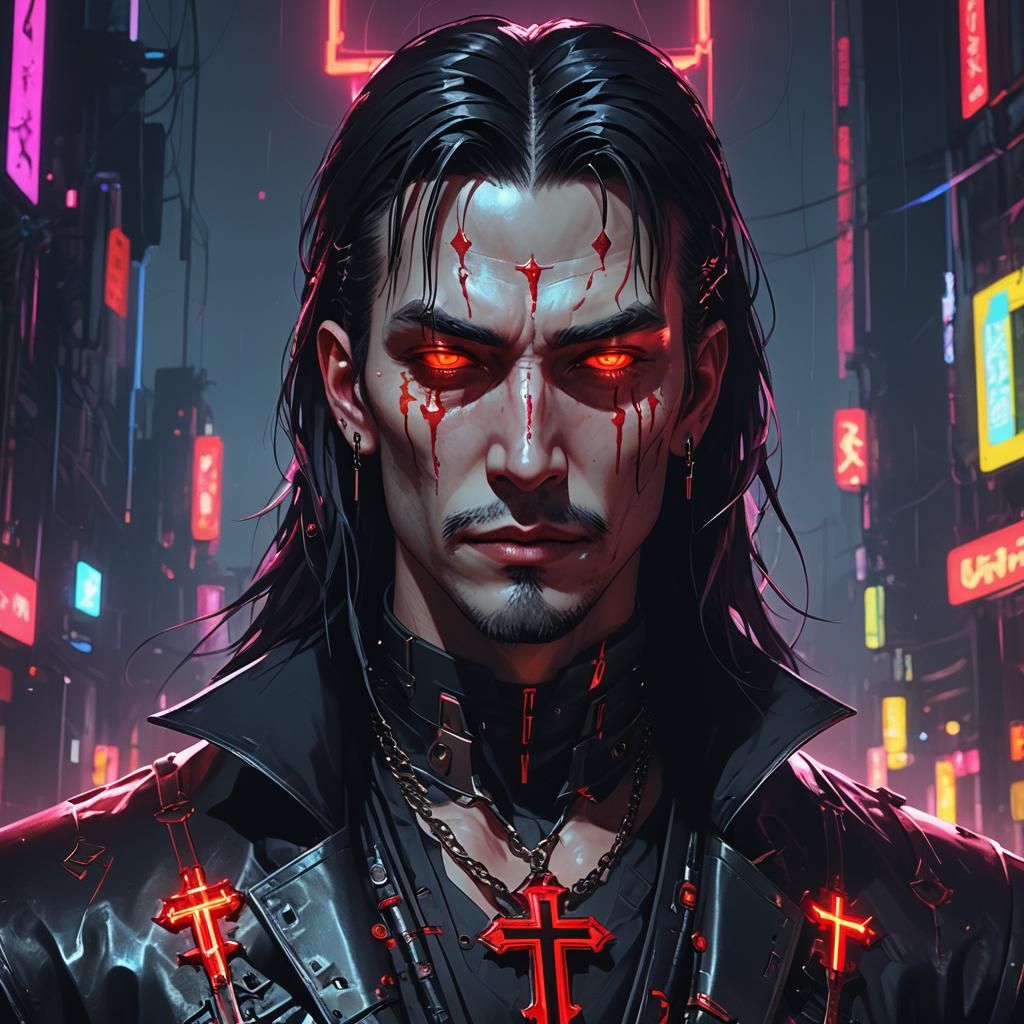 Cyberpunk Dracula Portrait with Neon Crucifix