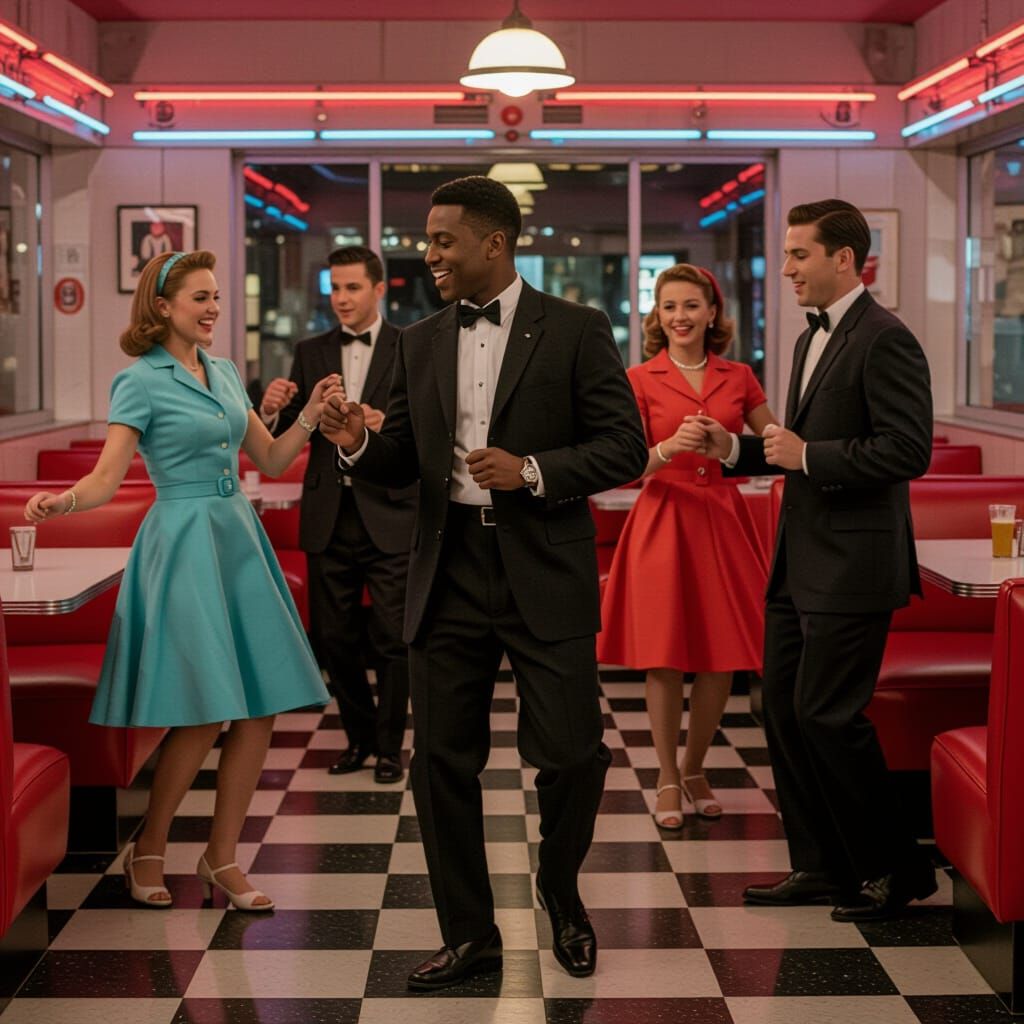 Friends Dancing the Twist in 1950s Diner