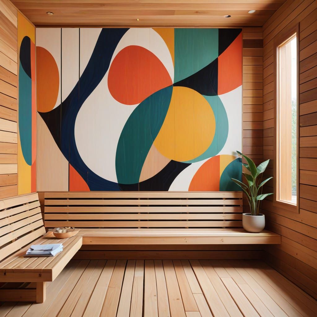 Minimalist Japandi Artwork with Abstract Shapes in a Sauna S...