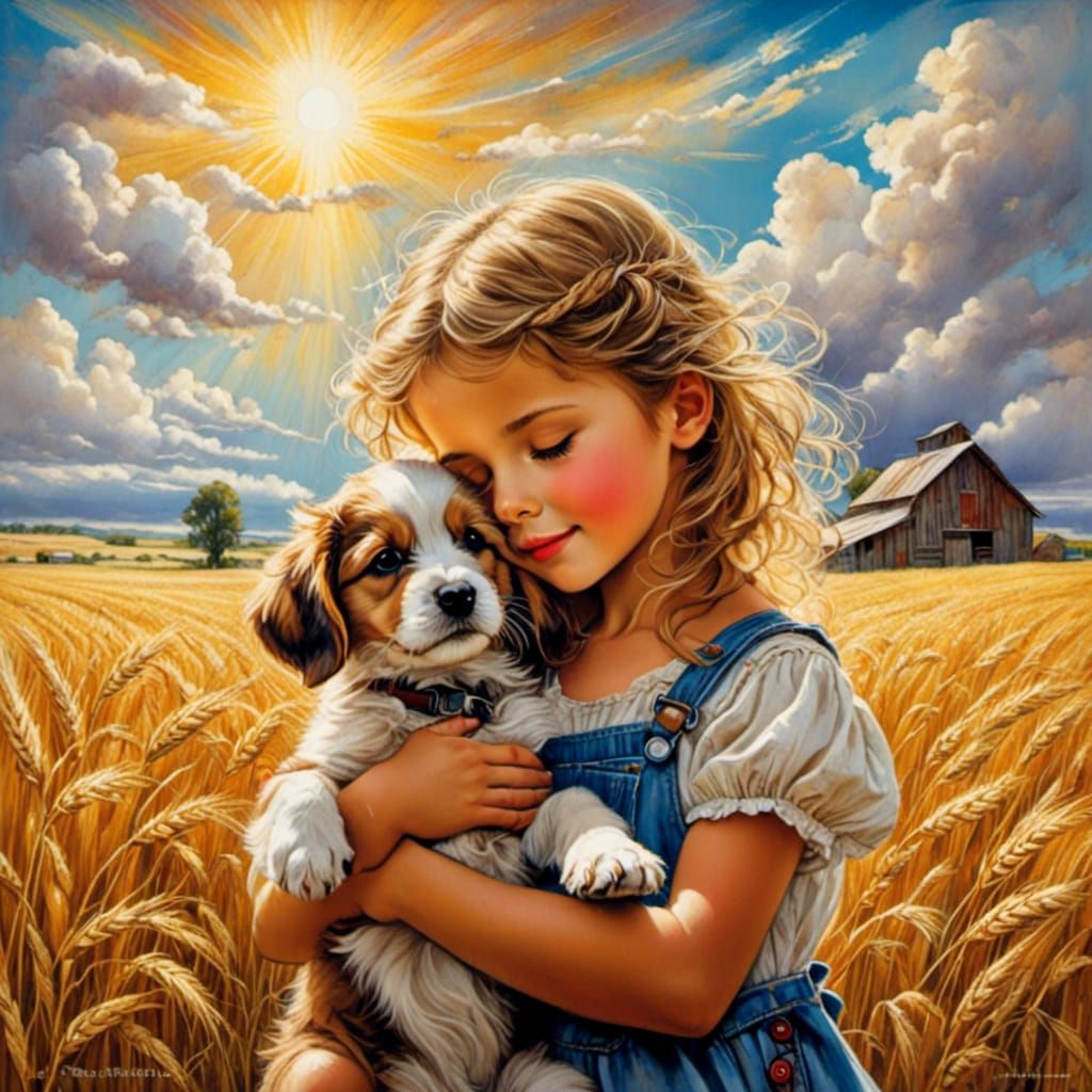 Girl and Puppy in Wheat Field: Chalk Art