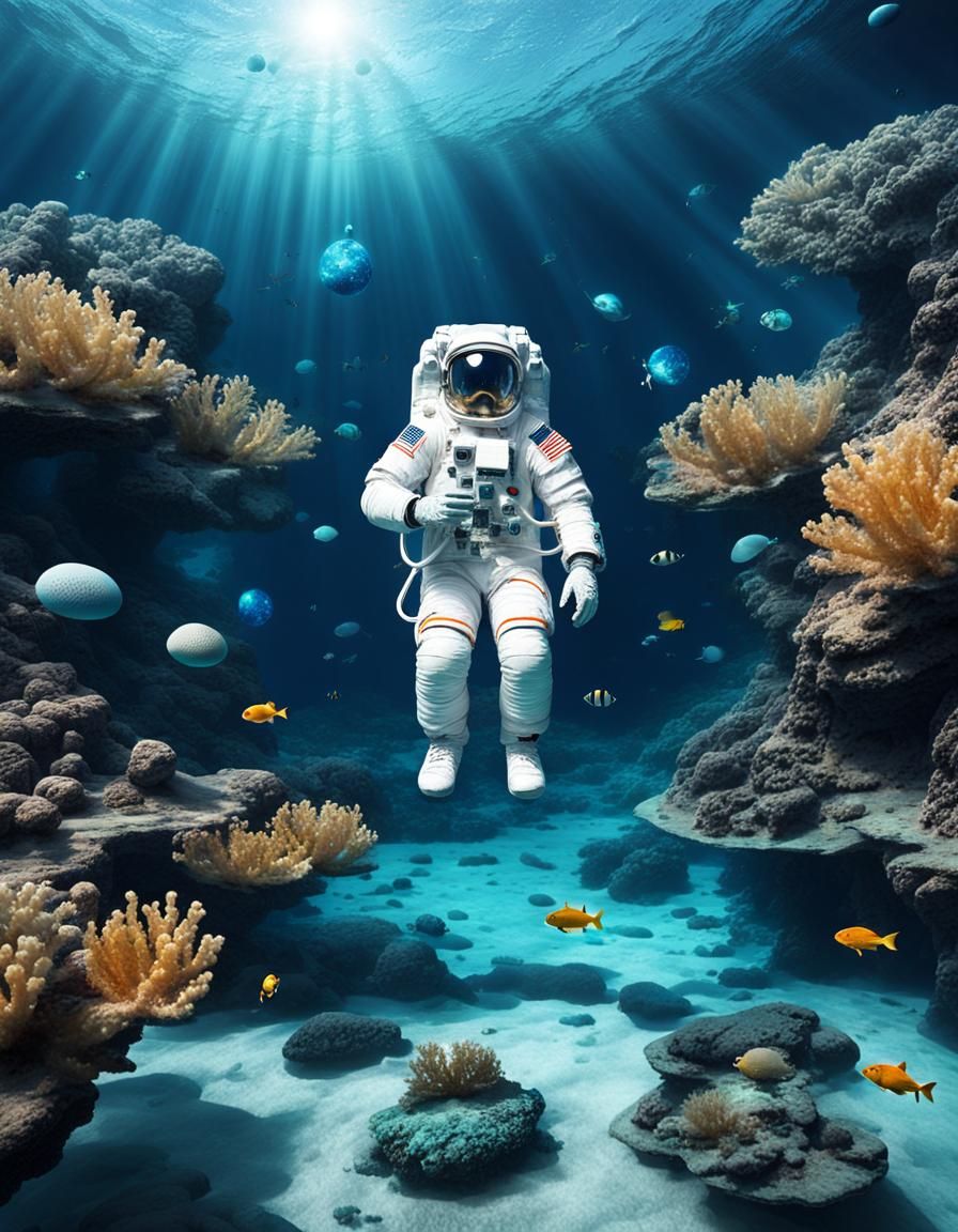 Astronaut Meditating in Amazing Underwater Scenery
