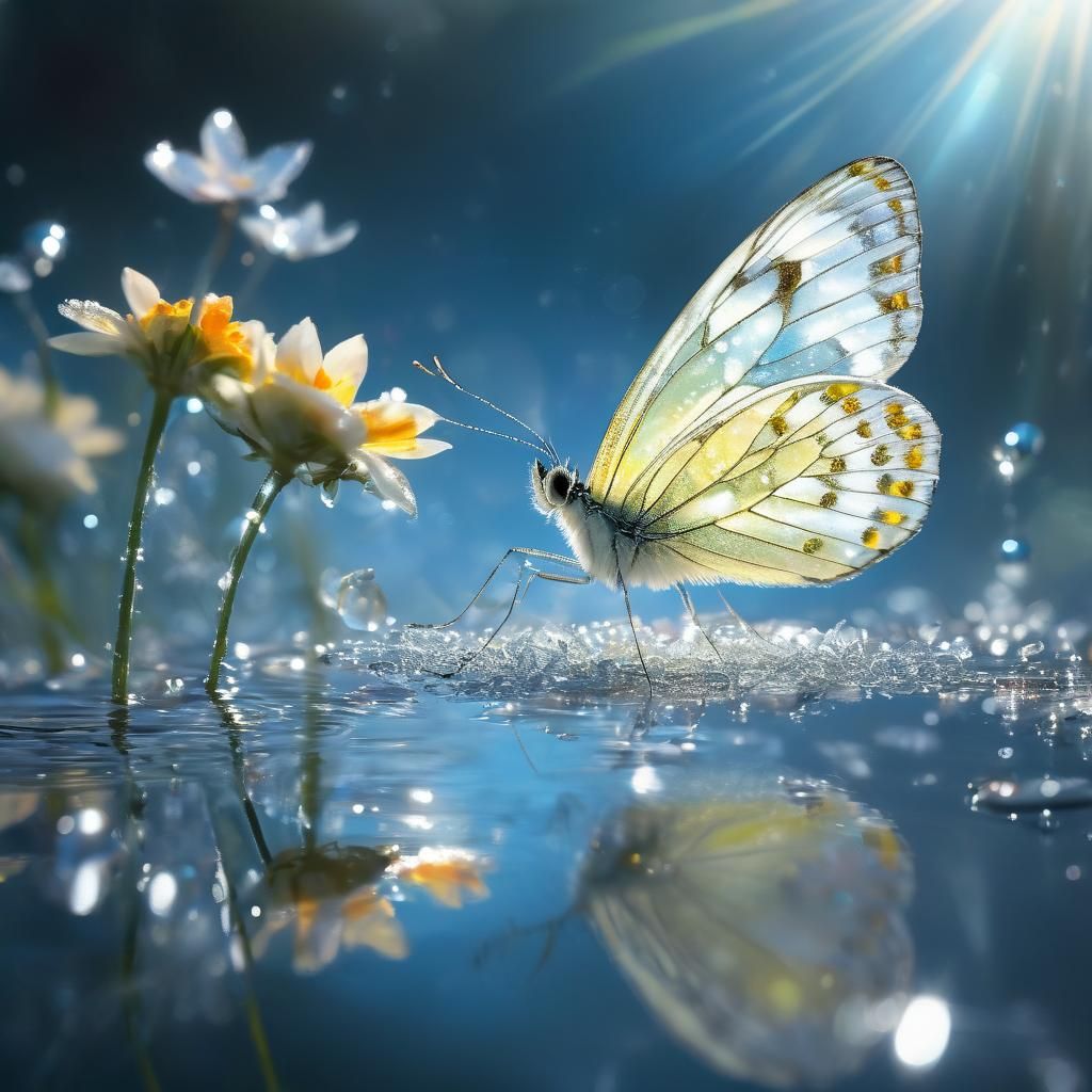 Glowing Butterfly on Rainbow Petal with Snowflakes