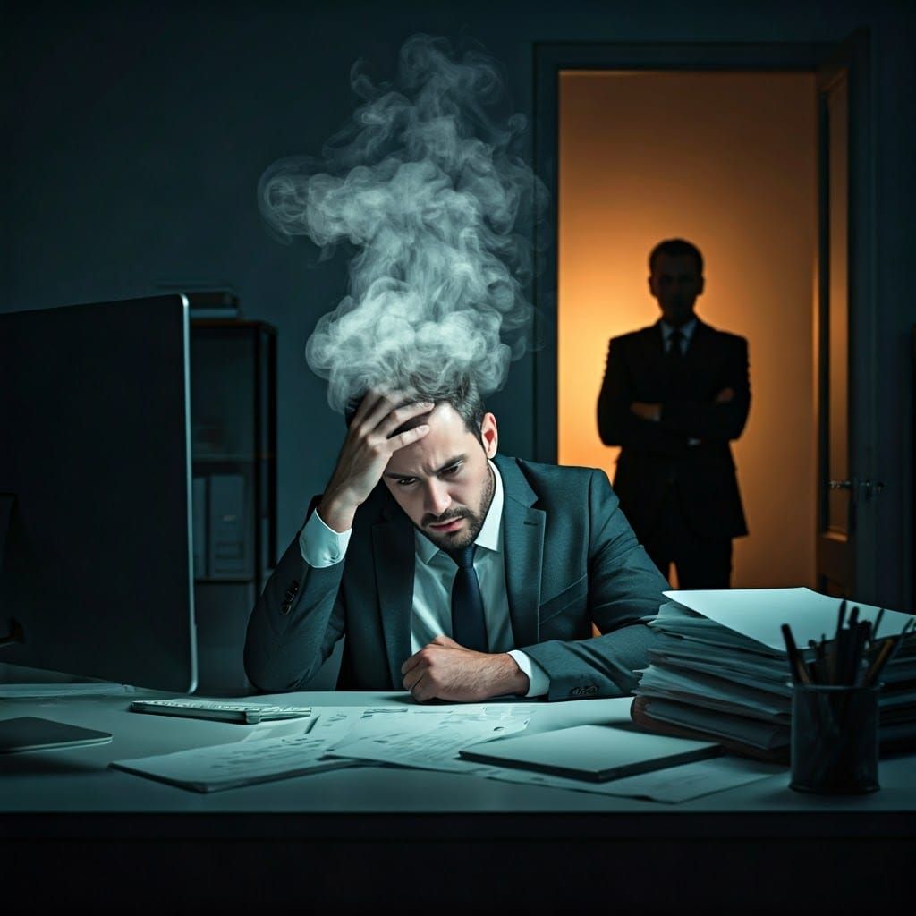 Frustrated Man Steaming in Dimly Lit Office