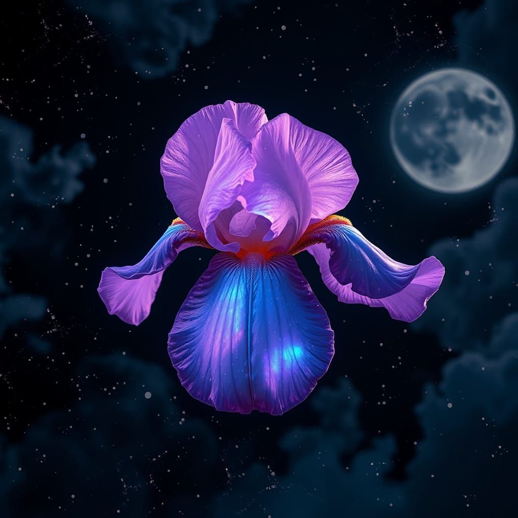 Holographic Purple opal iris on a starry night with moonligh...