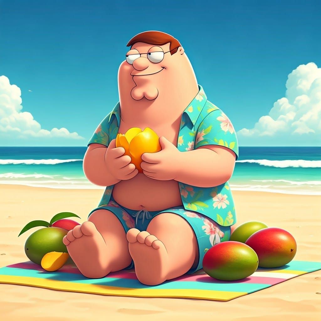 Peter Griffin Basks in Mango Paradise in Vibrant Anime Style