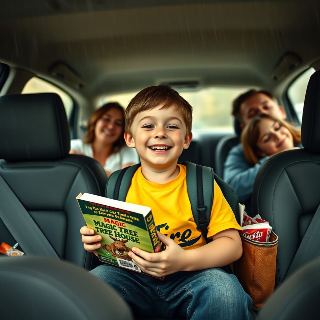Young Boy's Road Trip Excitement in a Rainy Day Car Ride