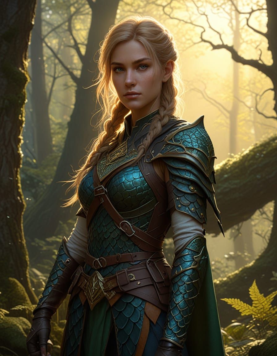 Noble Ranger and Dragon in Misty Forest Clearing