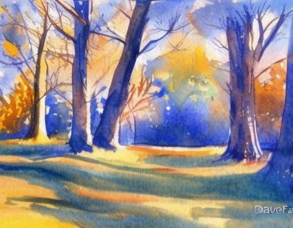 Golden Leaves on Summer Trees in Watercolor