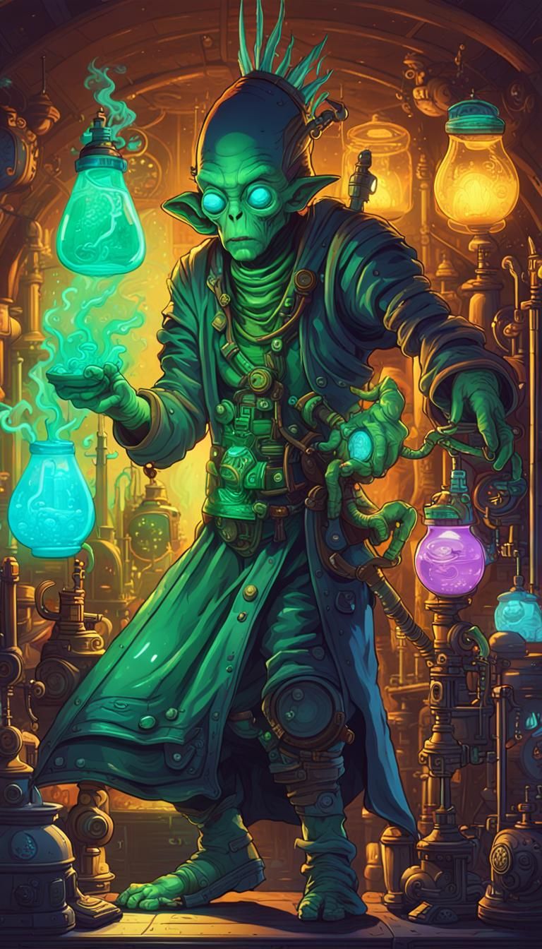 Alien Alchemist Mixing Potions in Steampunk Lab