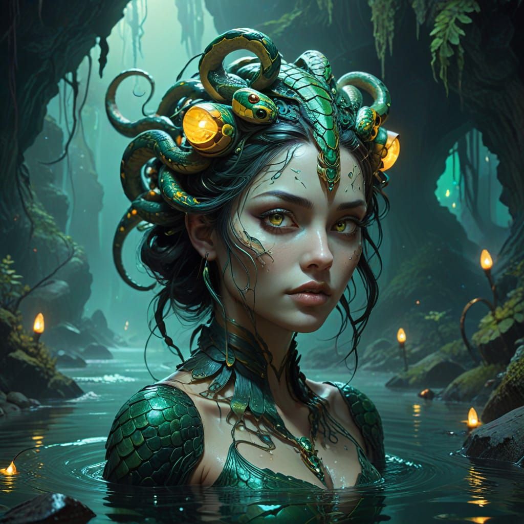 Serpent Maid with Iridescent Scales in Emerald-Green Cavern