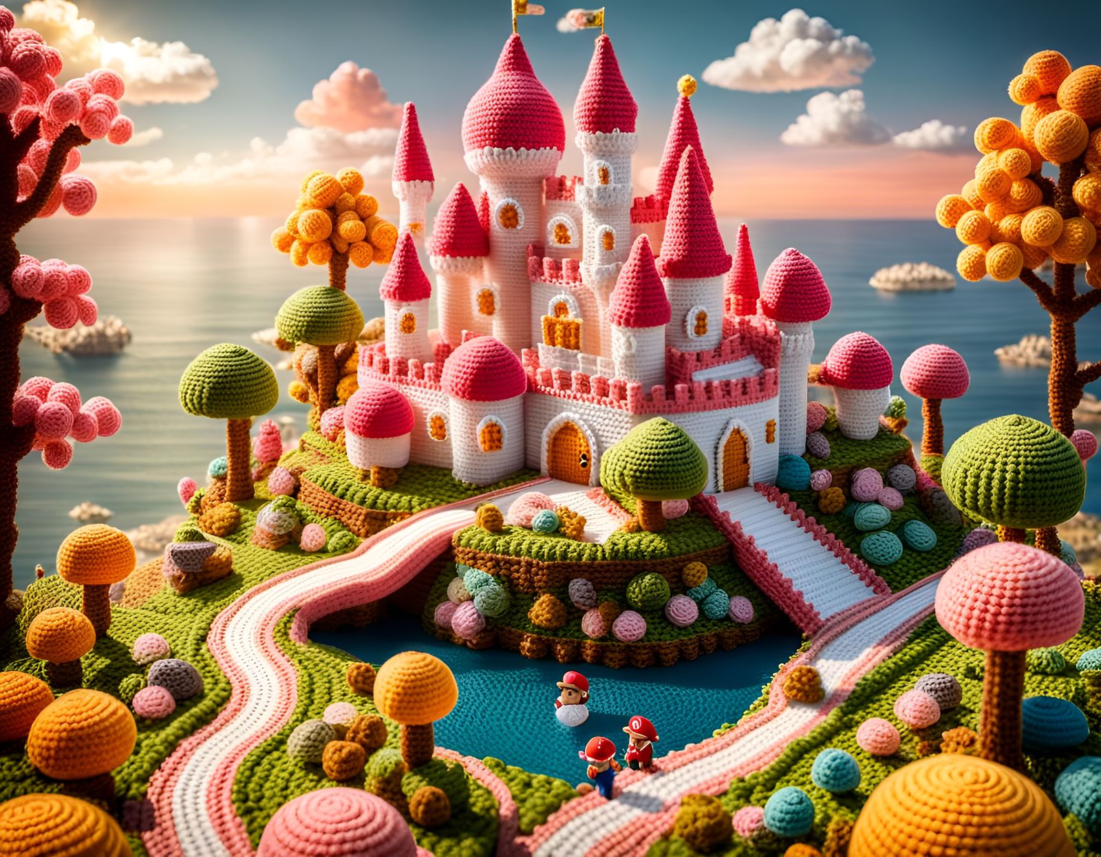Colorful Crochet Fantasy Peach Castle Seascape