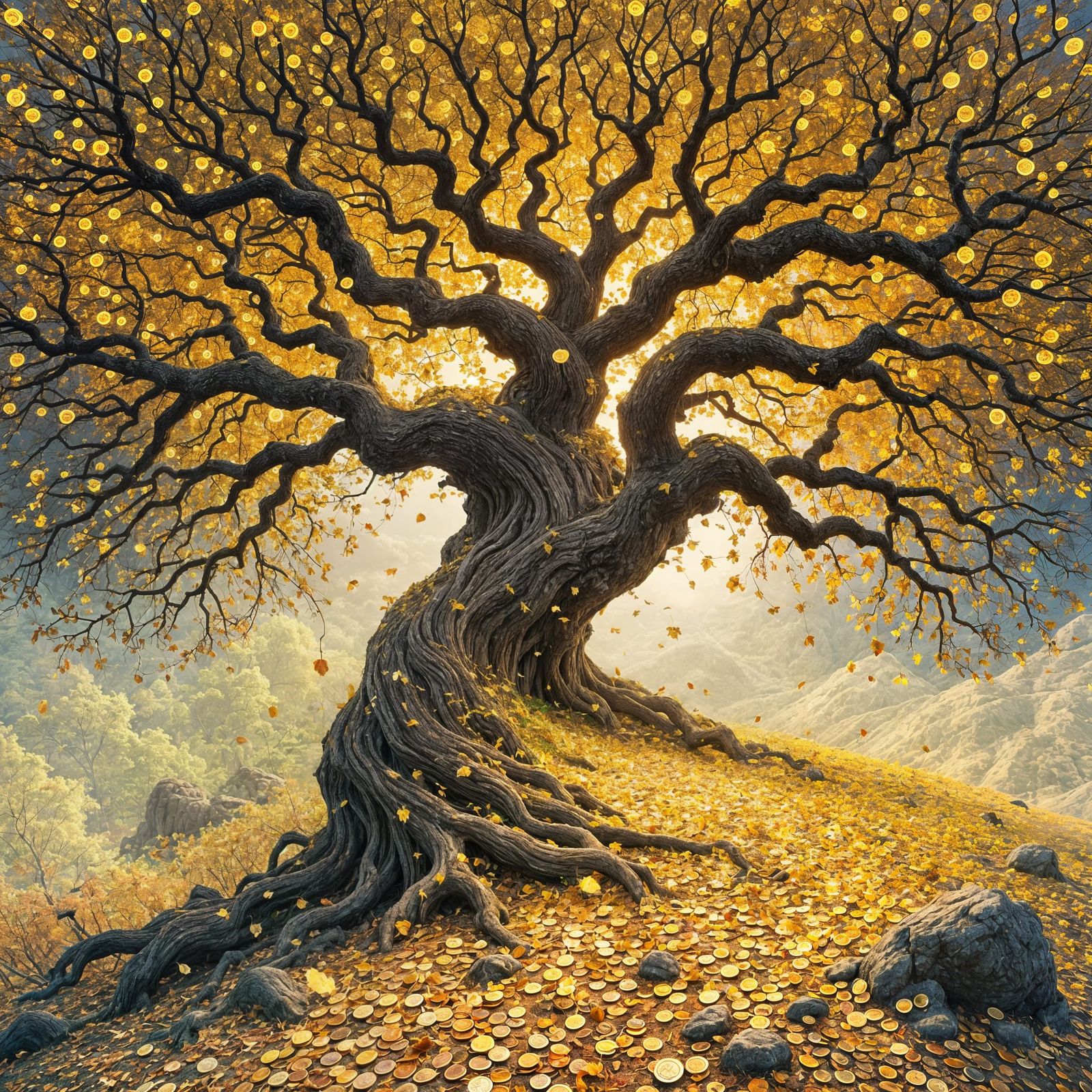 Ancient Tree Blooms with Golden Currency Leaves