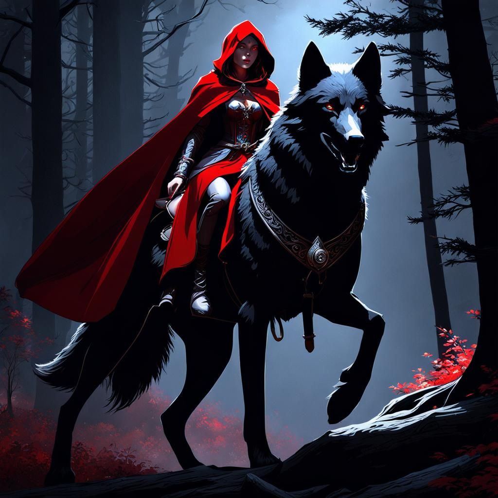 Red Riding Hood Rides a Wolf in Dark Fairytale