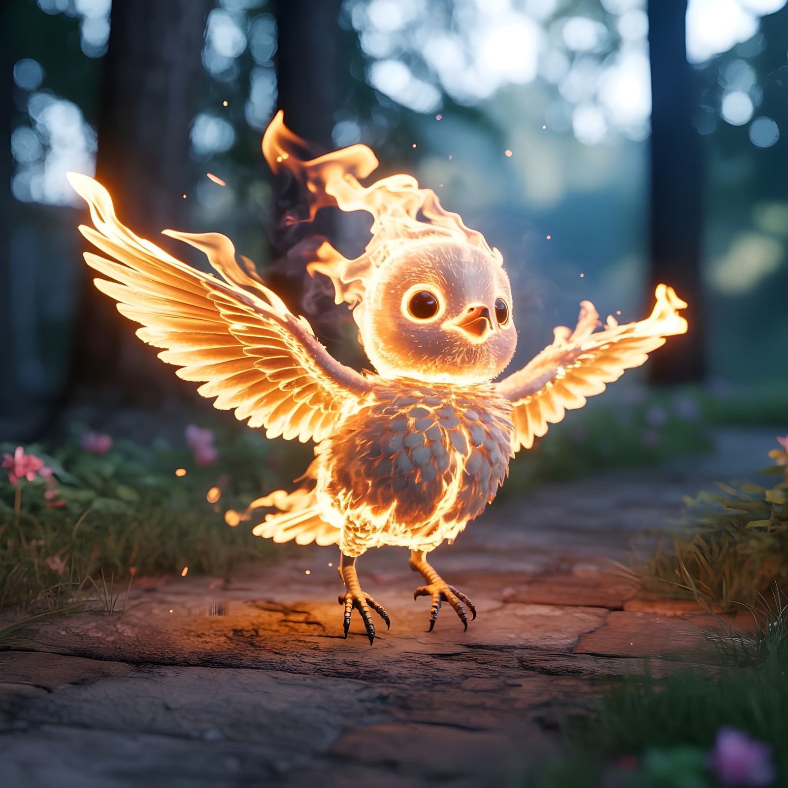 Fiery Bird Gliding Through Forest: Digital Art