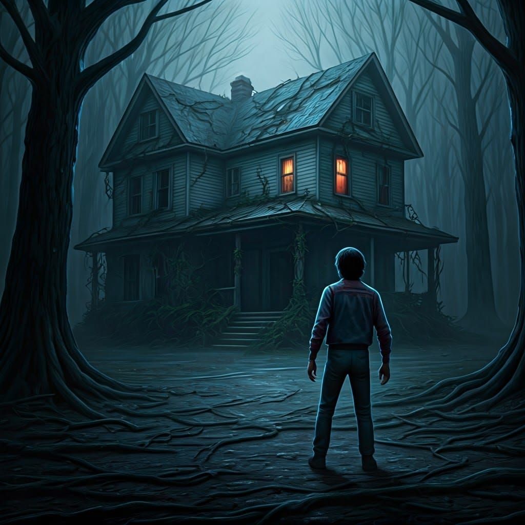Chilling Portrait of Man Approaching Cursed, Twisted House i...