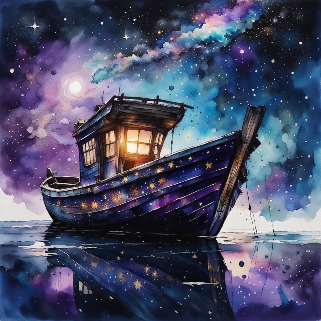 Intricate Wooden Boat Floats Through Starry Sky