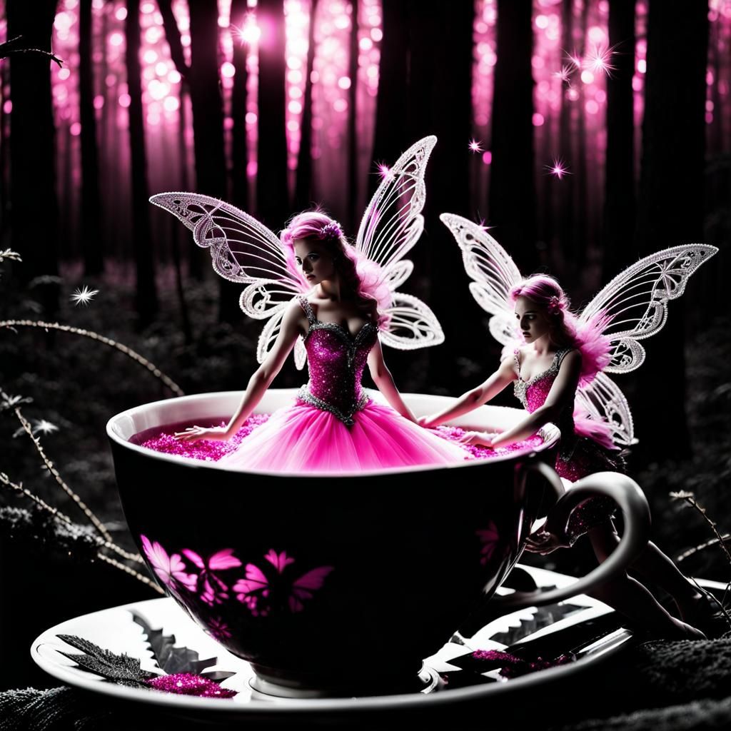 Fairies Dancing on Teacup in Magical Forest, Selective Color
