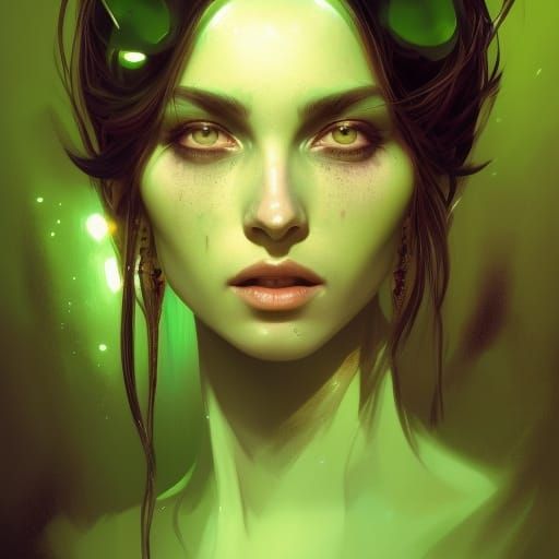 Green Witch Portrait in Hyperdetailed Digital Art
