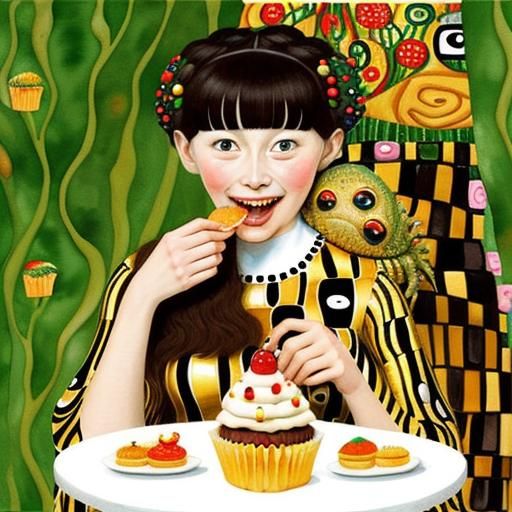 Whimsical Watercolor of Woman and Creature Eating Cupcakes