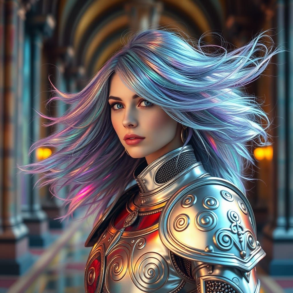 Bioluminescent Knight in Hyperrealistic Castle Hallway