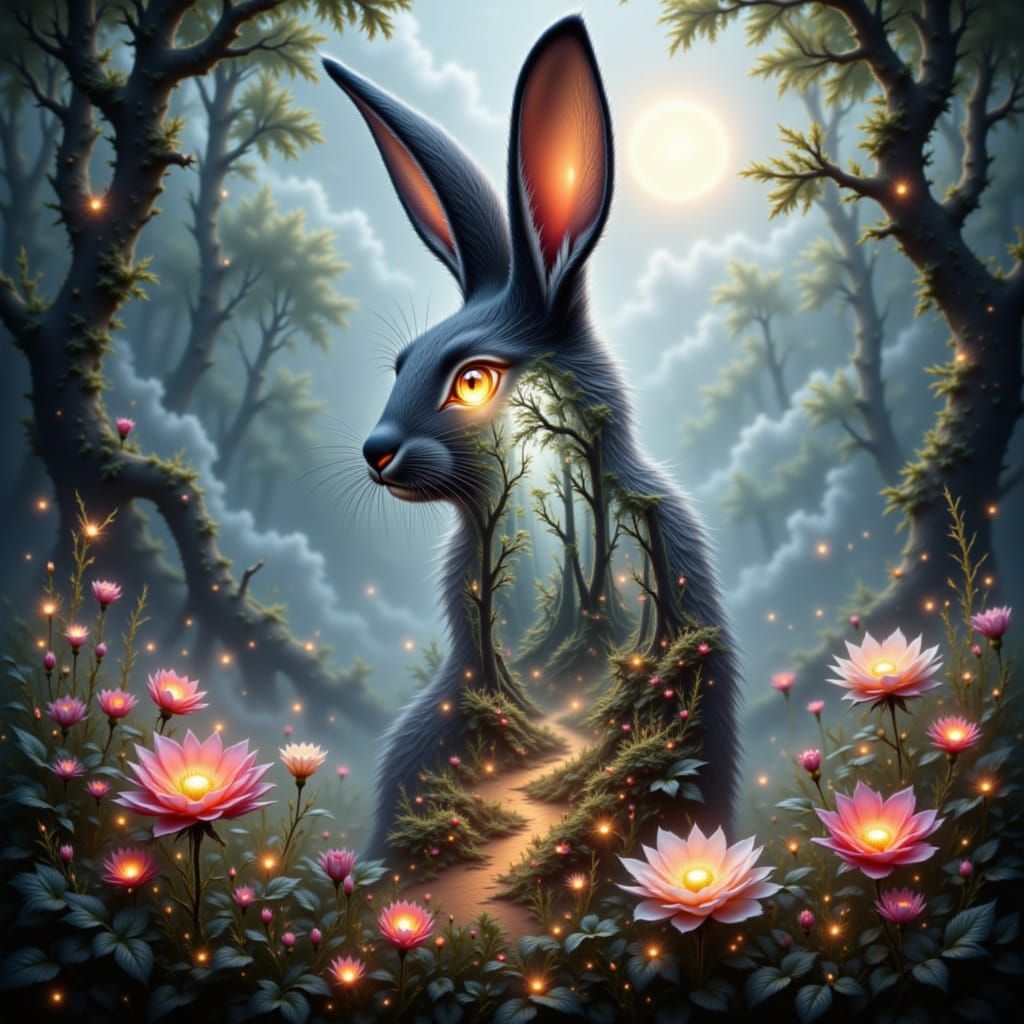 Whimsical Bunny Silhouette with Enchanted Forest and Garden