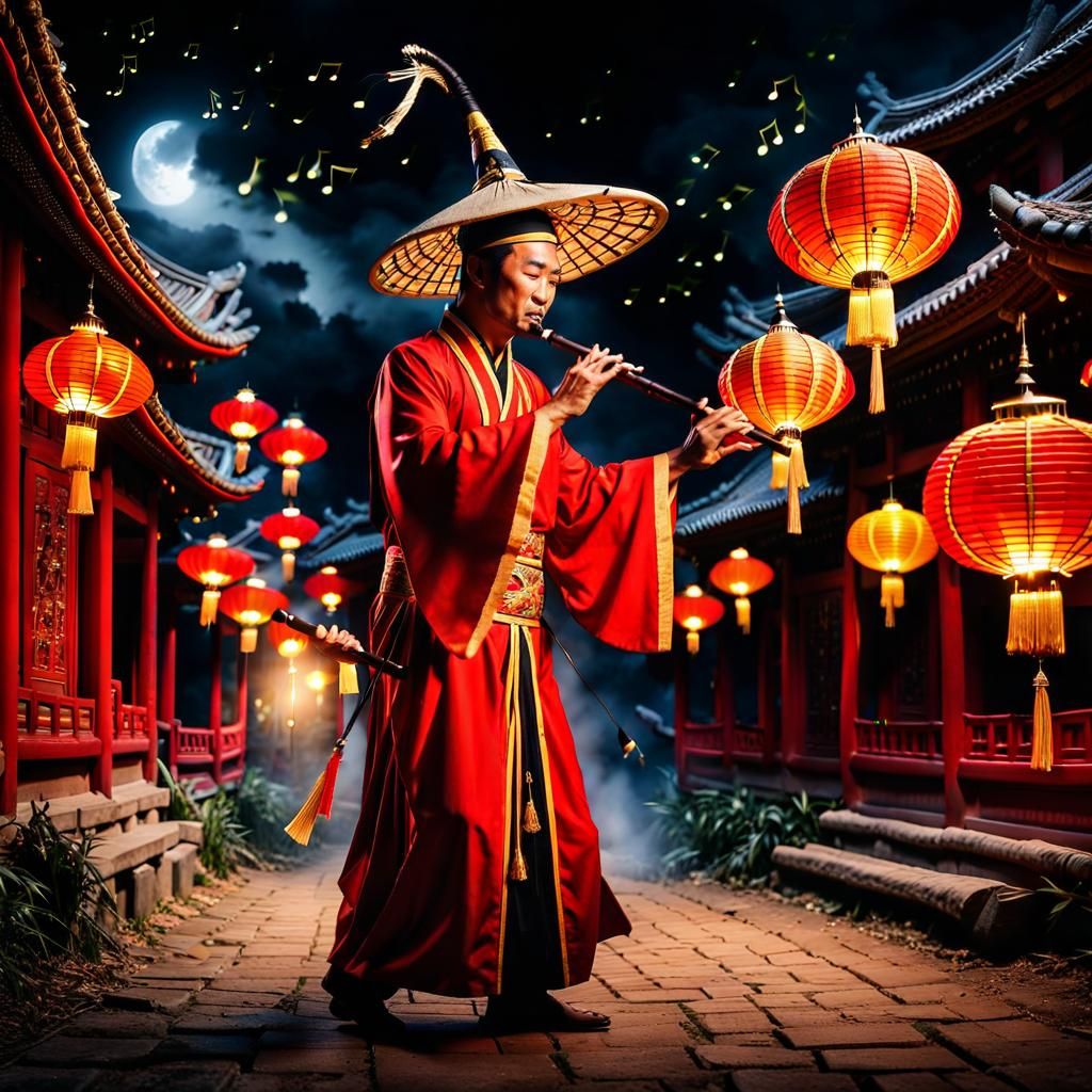 Magical Chinese Sorcerer Plays Enchanted Flute