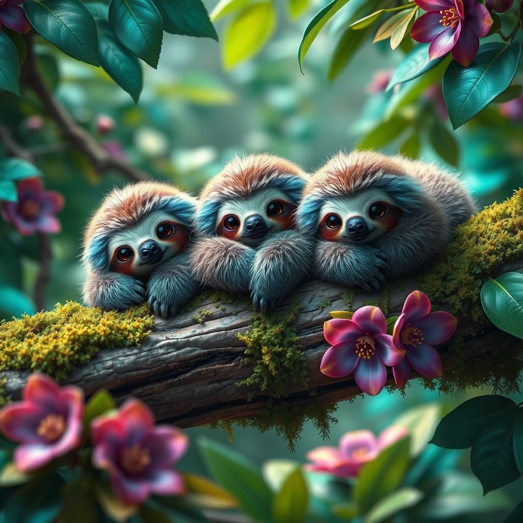 Fluffy Sloths on Branch in Fantasy Matte Painting