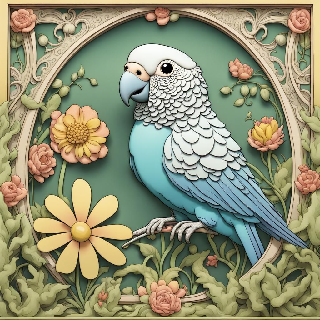 Laughing Parakeet in Flower Garden, Art Nouveau