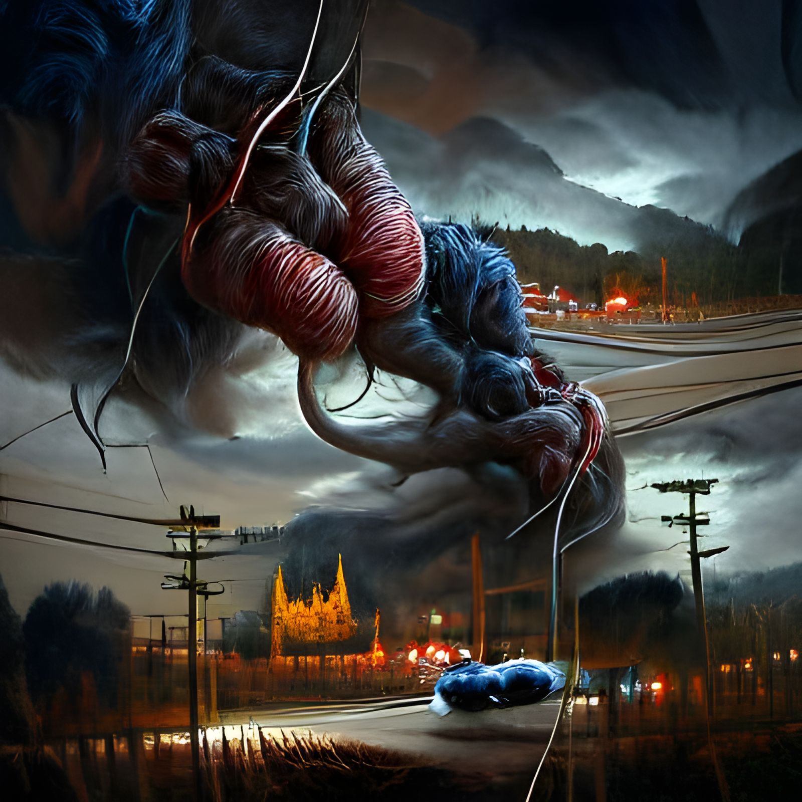 Sinister Demon Entangled in Yarn: Dark Cityscape