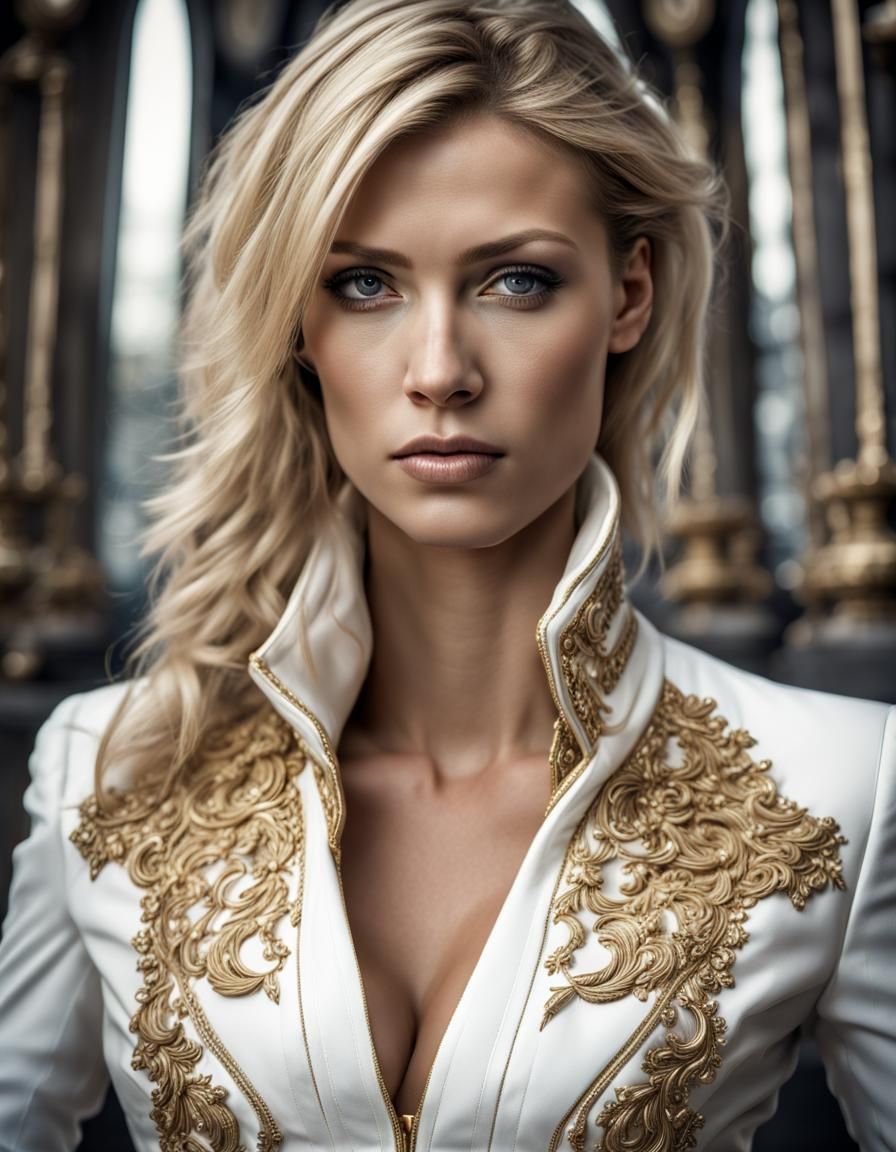 Hyperrealistic Blond Goddess in White and Gold