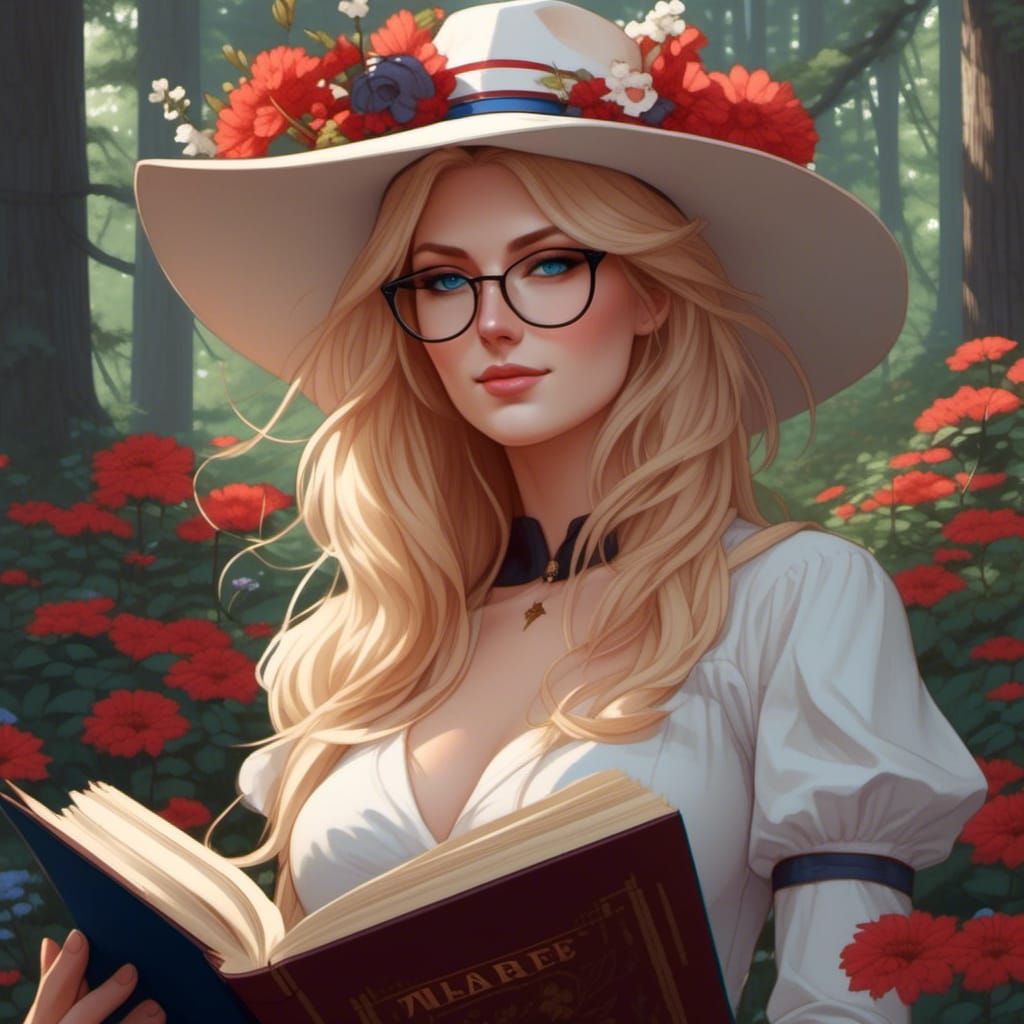 Blond Witch Reading in Forest, Hyperdetailed Portrait