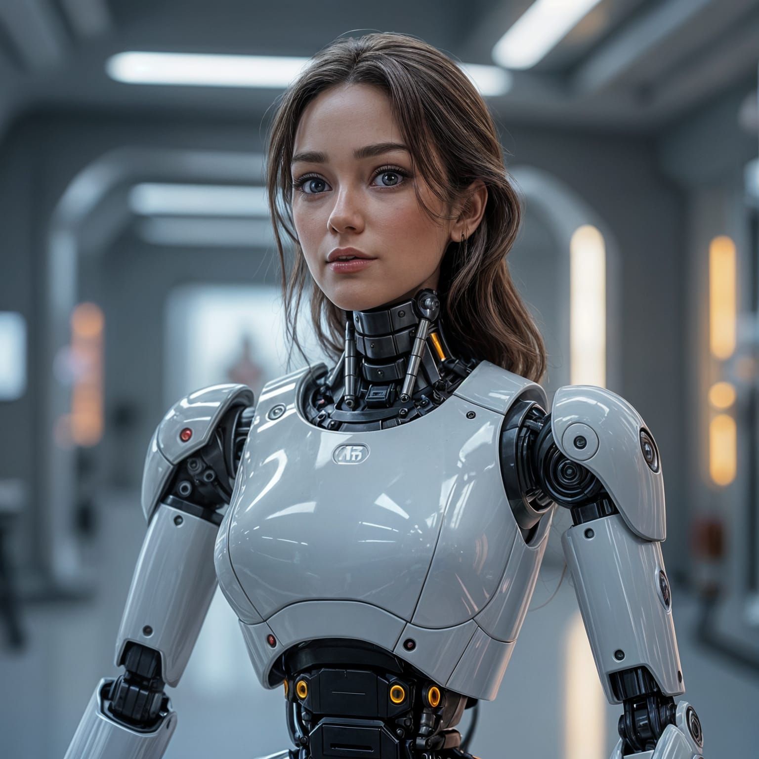 Futuristic Robot Carries Woman in Hyperrealistic Space Stati...