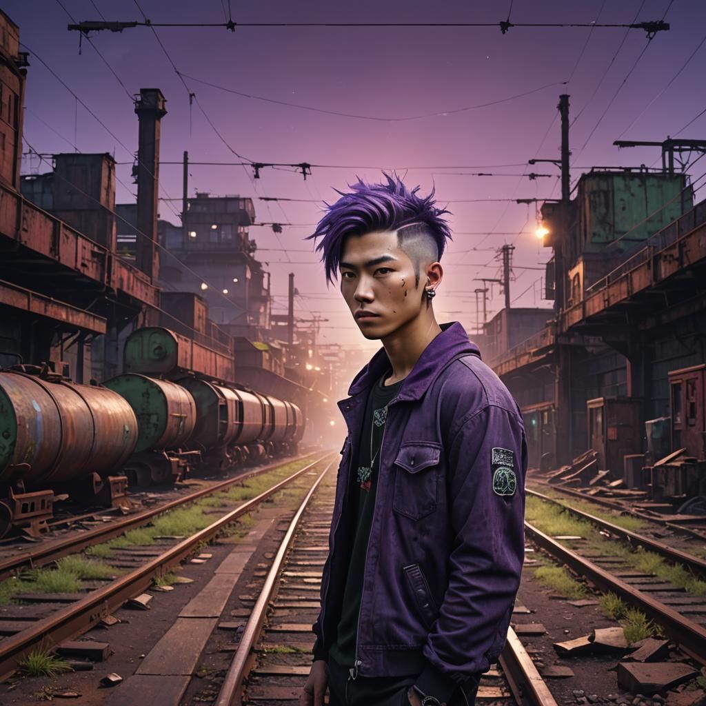 Purple Haired Man in Railyard: Digital Matte Painting