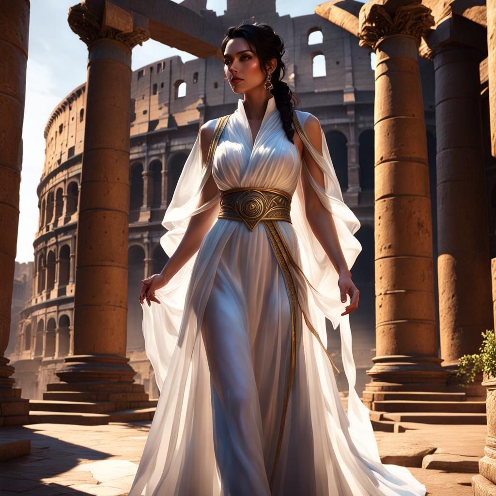 Woman in White Robe at Colosseum, Dark Fantasy Art