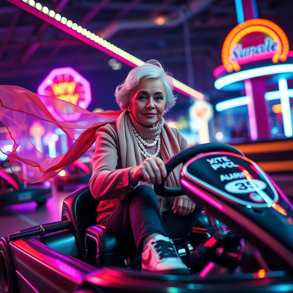 Elegant Woman Races Go-Karts in Hyperrealistic Style