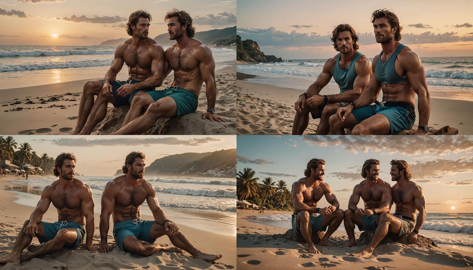 Muscular Furry Couple on Beach at Dusk